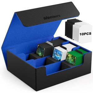 lot 23096 image: Mlikero Card Deck Case, 1800 Trading Card Storage Box with 10 Dividers and 3 Foam Stoppers, Leather Magnetic Closure Commander Deck Box Fit for YuGiOh, MTG and Sport Cards(Black&Blue) - Retail $28