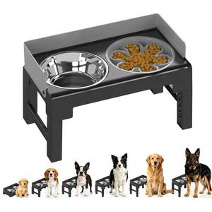 lot 24302 image: PAKEWAY Elevated Dog Bowls, Spill Proof, Tiltable Dog Feeder with 1 Slow Feeder Bowl &1 Stainless Steel Bowl, 6 Height Adjustable Raised Dog Bowls Stand for Medium Large Dogs - Retail $21