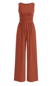 lot 24305 image: PRETTYGARDEN One Piece Jumpsuits for Women Dressy Casual Sleeveless Crewneck Wide Leg Rompers Jumpers 2026 Vacation Summer Outfits(Brick Red, L) - Retail $37