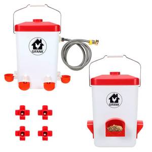 lot 24316 image: Automatic Chicken Feeder and Waterer Set Hanging Chicken Waterer 3 Gallon Poultry Water Feeder with Nipples and Feeding Ports No Waste,Chicken Coop Accessories - Retail $45