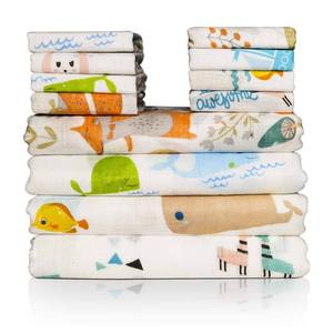 lot 24328 image: Omilion Baby Swaddle Blanket and Washcloths Set,12 Pieces Muslin Cotton Baby Swaddle Wrap and Wash Cloths Unisex for Boys and Girls, 4 Pack for 40 x 40 Inches and 8 Pack for 8 x 10 Inches - Retail $22