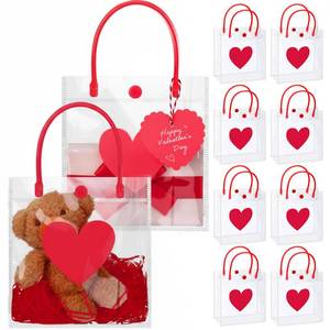 lot 24346 image: Bulyoou 24 Pcs Valentines Day Clear Gift Bags Bulk with Handles 6 x 2.8 x 6.3 Small Valentines Transparent PVC Plastic Tote Goodie Heart Bags with Ribbons for Wedding Party Birthday(Red) - Retail $22