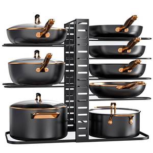 lot 24347 image: MUDEELA Pots and Pans Organizer Rack under Cabinet 14.55in Height, 8-Tiers Adjustable Pot Rack with 3 DIY Methods, Pot Lid Organizer inside Cabinet for Kitchen Pantry Organization and Storage - Retail $24