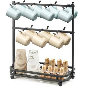 lot 24349 image: Samhe Coffee Mug Holder for Countertop, Coffee Cup Holder Rack with 14 Hooks, Metal Mug Tree Stand with Storage Base for K Cup Coffee Pod Paper Cups Tea Bag - Black - Retail $19