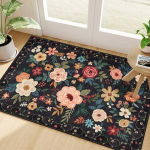 lot 24356 image: DUKINO 2x3 Rugs for Entryway, Floral Indoor Washable Door Mat, Non Slip Boho Small Rug for Kitchen, Soft Low Pile, Front Door Throw Rug for Entrance, Bedroom, Kitchen, Laundry, Bathroom, Black - Retail $17