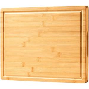 lot 24367 image: Allsum Bamboo Wood Cutting Boards for Kitchen, 1 Extra Thick Butcher Block with Juice Grooves & Handles Resisting to Warping and Cracking, Fancy Charcuterie Boards, 16L x 11W (Corner Cracked) - Retail $20
