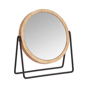 lot 30414 image: Amazon Basics Vanity Round Tabletop Mirror with Bamboo Rim, Double Sided Magnifying, 360° Rotation, Black, 7.2L x 2.87W - Retail $22