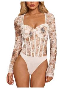 lot 30418 image: SweatyRocks Womens Sheer Floral Lace Long Sleeve Bodysuit Tops Sweetheart Neck Jumpsuit White Floral Small