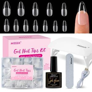 lot 30424 image: Misssix Medium Almond Gel Nail Tips Kit, 216Pcs Pre Etched Clear Fake Nails, Full Cover False Nail 9-in-1 Gel Glue and Portable Mini U V Nail Lamp for Women 12 Sizes - Retail $10