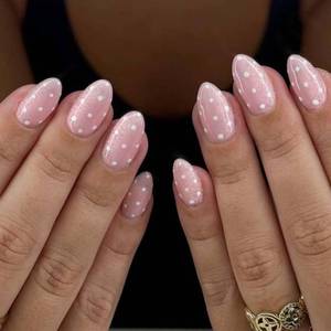 lot 30457 image: Polka Dot Press on Nails Short Almond Fake Nails Soft Pink Nails Press ons with White Polka Dots Design,Glossy Finish  Reusable  Artificial  Nail Sticky Tabs  Easy Apply  24Pcs - Retail $7