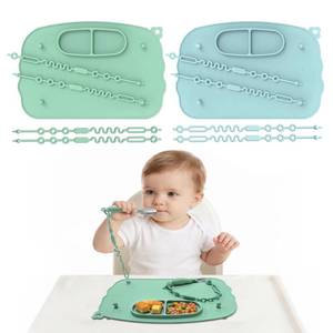 lot 30494 image: Hepotk Baby Placemats for Weaning Babies - 2 Silicone Toddler Placemat with 4 Strong Suction Cups & 8 Stretchable Straps  BPA-Free Baby Table Mat for Restaurants, Dining Table & Toddler Mealtime - Retail $20
