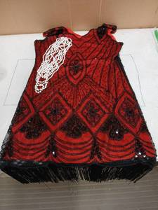 lot 30784 image: Red Sequined Dance Flapper Dress Costume with Black Fringe XL - Retail $45