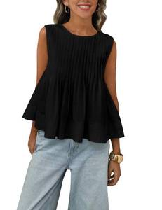 lot 30789 image: Megfie Womens Summer Pleated Peplum Sleeveless Blouse Tank Tops Round Neck Y2K Babydoll Blouse Shirt(0869-Black-XL) - Retail $27