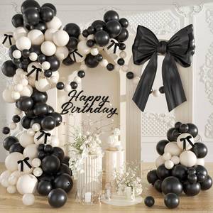 lot 30791 image: Black Sand White Balloon  Coquette Birthday Decorations 40Pcs Black Bow Long Balloons Sand White Balloons Different Size for Wedding Bridal Engagement Bachelorette Party Decorations - Retail $12