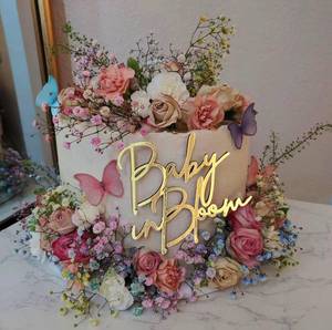 lot 30792 image: Gold Baby in Bloom Cake Topper,Baby Shower Cake Sign,Pregnancy Reveal,Acrylic Baby shower Cake Side Decorations,Birth Announcement, Customwelcome Baby Cake Topper - Retail $6