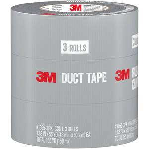 lot 30832 image: 3M Duct Tape, 3 Rolls, 1.88 Inches x 55 Yards, Hand Tear, Bundle, Patch, Protect & Repair, Great Strength For Durability, Adheres To Multiple Surfaces (1055-3PK) - Retail $18