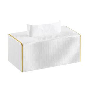 lot 30833 image: Cretkhp Tissue Box Cover Rectangle, PU Leather Tissue Holder with Magnetic Closure and Gold Trim for Bathrooms, Decorative Rectangular Tissue Box Holder for 120(3-Ply)160(2-Ply) Tissue Box (Ivory) - Retail $19