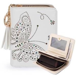 lot 30841 image: KITEVIUN Women RFID Blocking Small Bifold Wallet, Compact Cash Clutch with Zipper Coin Pocket, Glittery Butterfly Design, Credit Card Holder, Travel Purse with Tassel WHITE - Retail $16