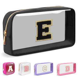 lot 30857 image: Small Clear Personalized Initial Makeup Bag,Nylon Preppy A-Z Chenille Letter Patch Cosmetic Pouch Beach Toiletry Bag,Waterproof Zipper Travel Purse Storage Bag Organizer for Women Girls(Black-Black E) - Retail $15