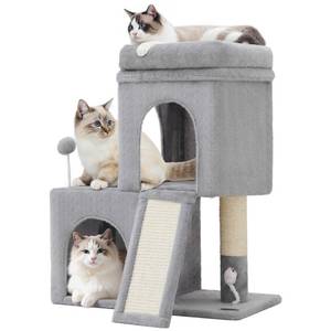 lot 61896 image: Woochpet 24inch Tall Cat Tree with 2 Cat Condo and Mouse Toy Cozy Small Cat Tower with Scratching Post and Board for Kitties and Small Cats Light Grey (22  13  28) - Retail $43