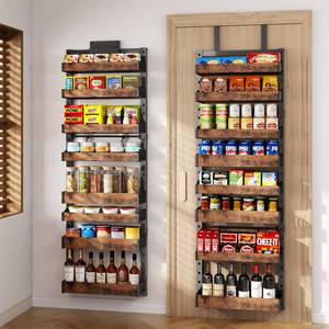 lot 61901 image: 8-Tier Over The Door Pantry Organizer, Heavy-Duty Metal Wall Mount or Hanging Spice Rack, behind the door storage Shelves with Adjustable Basket, Back of Door Organizer for Kitchen Cabinet and Closet - Retail $54