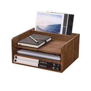 lot 61907 image: DDYURI Desk Organizer for File Folder Storage with 3 Paper Letter Tray &1 Vertical Compartment- Wood Office Desktop Document Organizer Rack - Filing Folder Mail Sorter Desk accessories Dark WJJ3K-DK - Retail $46