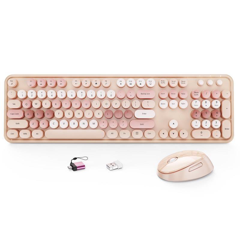 lot 36751 image: Wireless Keyboard and Mouse Combo, Full-Size Retro Typewriter Keyboard with Round Keycaps, Ergonomic Design for Windows PC, Home and Office Use - Retail $33
