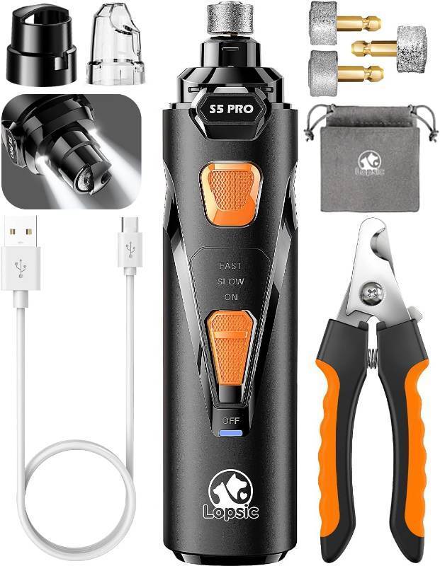 lot 57080 image: Whisper Quiet Dog Nail Grinder with 4 LED Lights, Safe & Stress-Free for Sensitive Dogs Cats of All Breeds & Sizes, 3 Grinding Bits, 3-Speed, Pet Nail Trimmers, Rechargeable Painless Grooming Kit (missing pieces) - Retail $24