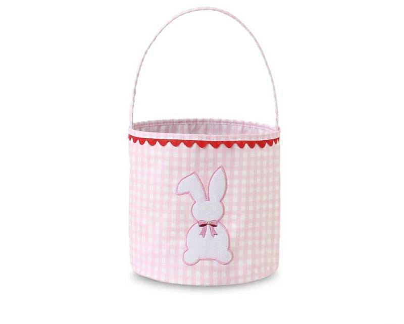 lot 57107 image: Bunny Easter Basket, Gingham Empty Easter Bucket with Handle for Easter Egg Hunts Party Favor Decorations (Pink) - Retail $8