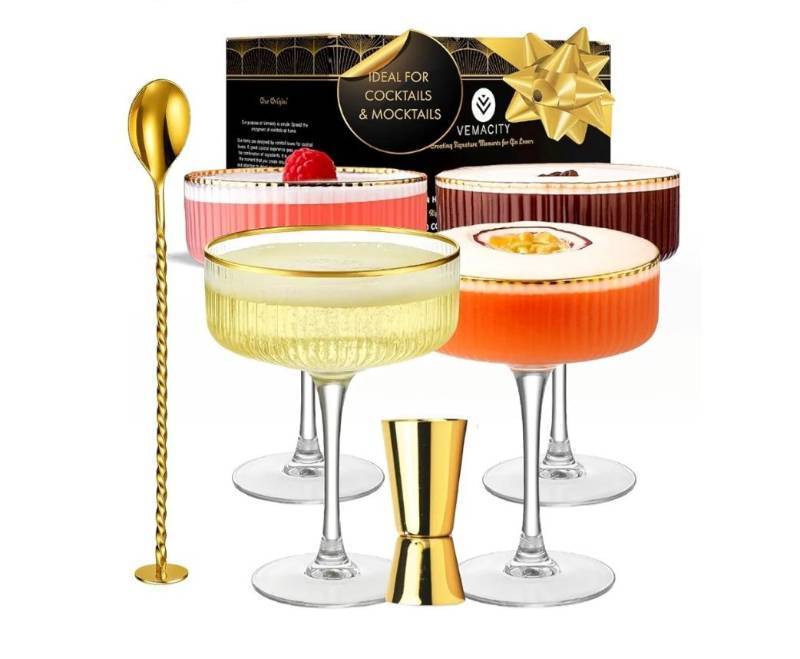 lot 57112 image: Ribbed Espresso Martini Glasses Set of 4 with Gold Rims - Vintage Cocktail Glasses for Margaritas, Champagne (no spoon and jigger) - Retail $25