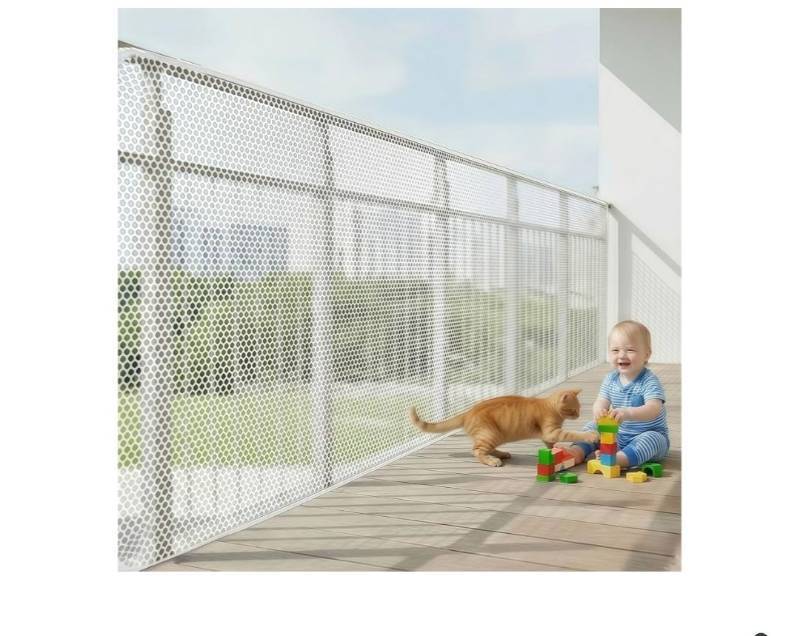 lot 57133 image: Banister Guard 18ft X 3ft Thick, Balcony Netting for Pets, Balcony Safety Net for Kids, Baby Fence Door Balcony Railing Cover with No Drilling for Apartment Railing(White) - Retail $25