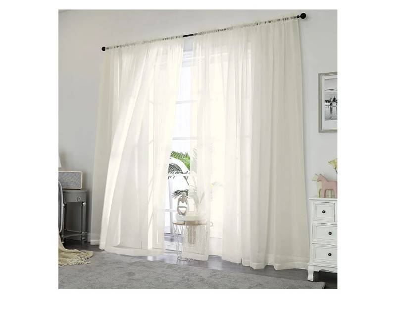 lot 57174 image: Sheer Curtains 84 inch Length, Ivory Sheer Curtains 2 Panels Set for BedroomLiving Room, Rod Pocket, 2pcs, Each 42 W x 84 L - Retail $15
