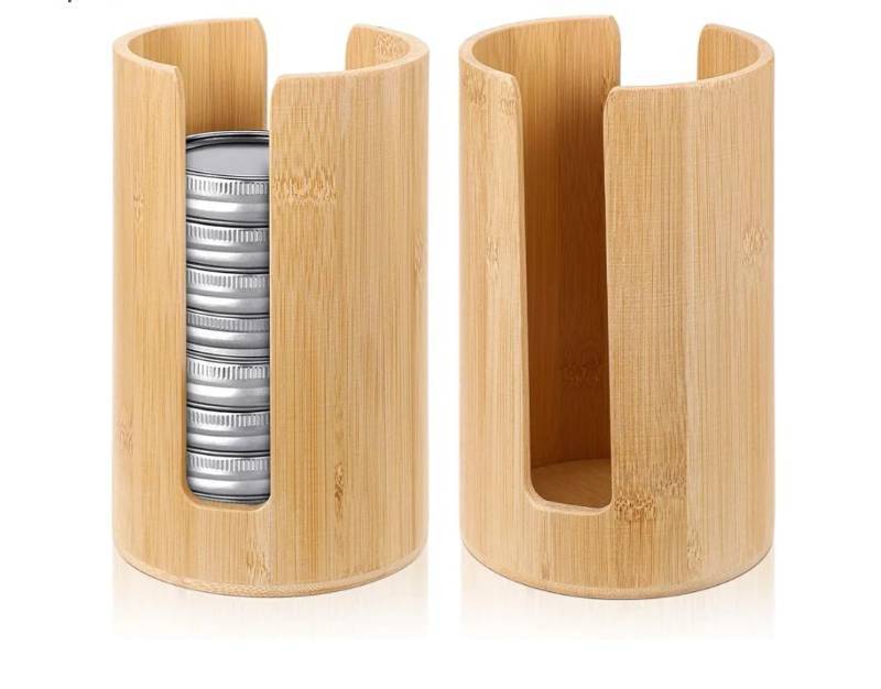 lot 57176 image: 1 Pcs Mason Jar Lid Organizer, Vertical Bamboo Storage for Wide Mouth Lids, Tumbler Lid Holder Kitchen Countertop Cupboard Accessories - Retail $15