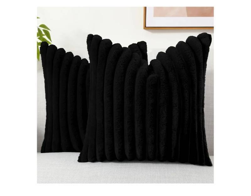 lot 57177 image: Cozy Faux Fur Throw Pillow Covers 18x18 Set of 2 Decorative Soft Plush Striped Modern Farmhouse Boho Couch Pillow Cases with Velvet Back for Sofa Bed Living Room, Black - Retail $15