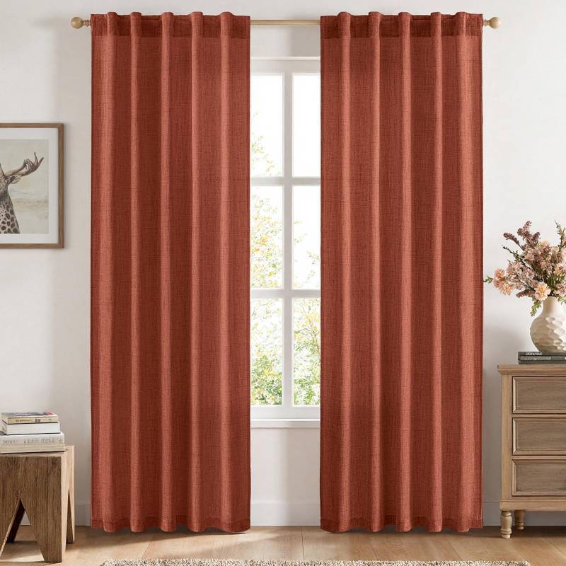 lot 57212 image: Faux Linen Curtains 84 Inch Length 2 Panels Natural Burnt Orange Semi Sheer Curtain with Back Tab Rod Pocket, Light Filtering Window Privacy Burlap Drapes for Living Room Bedroom 42W x 84L - Retail $29