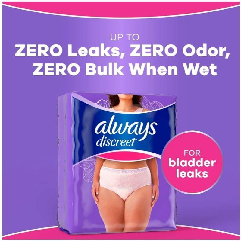 lot 57219 image: Always Discreet Adult Diapers for Women, Incontinence Underwear, Postpartum Essentials, Disposable Briefs, Max Absorbency, Bladder Leak Protection, SmallMedium, 28 Count. - Retail $20