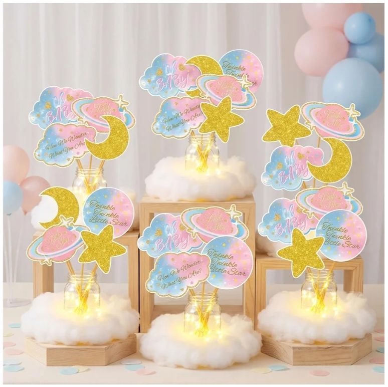 lot 57248 image: 6 Sets Twinkle Little Star Baby Shower Centerpiece Gender Reveal Decorations Moon and Stars Decor Starry Birthday Table Toppers Moon Cloud Decoration for Boys Birthday Party Supply(Pink) - Retail $27