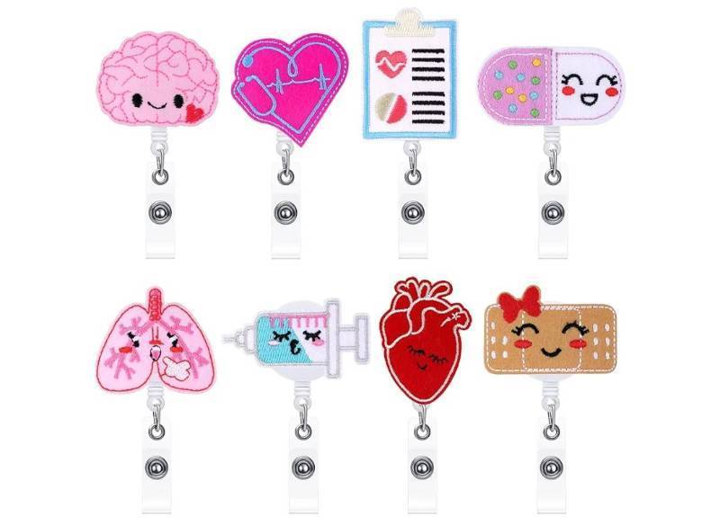 lot 36816 image: 8 Pcs Nurse Badge Reels Cute Felt Retractable Funny Nursing Badge Reels Themed Holders Gift for Medical Pediatric Doctors ID Name Cards Lanyards Holidays(Lovely Style) - Retail $9