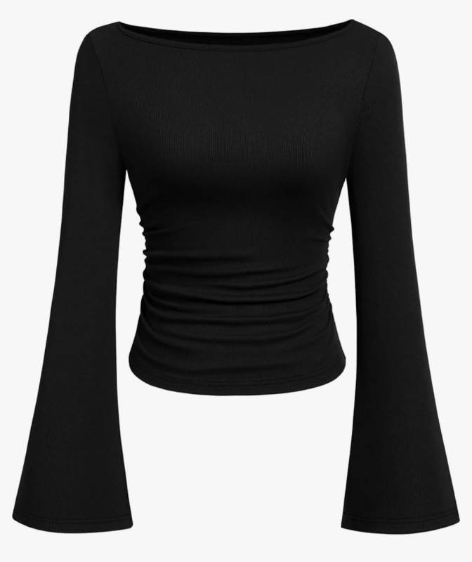 lot 36840 image: Womens Long Sleeve Shirts 2026 Spring Crop Going Out Tops Casual Boat Neck Bell Sleeve Ribbed Ruched Y2K Clothes - Retail $10