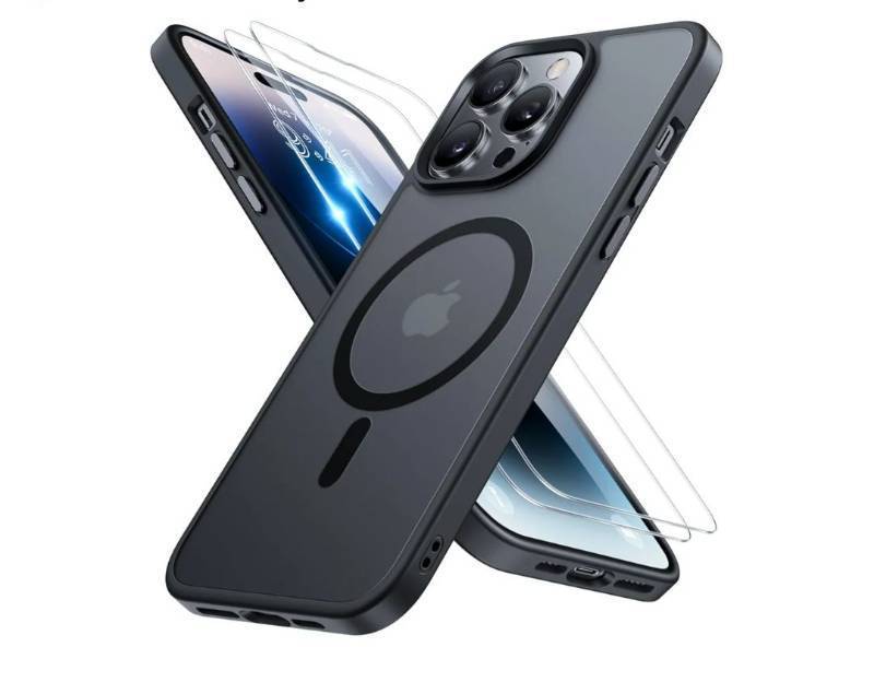 lot 36850 image: Magnetic for iPhone 14 Pro Max Case 6.7 inch (Compatible with MagSafe) with 2X Screen Protectors Military-Grade Protection, Anti-Fingerprint Translucent Matte Phone Case Cover, Black - Retail $16