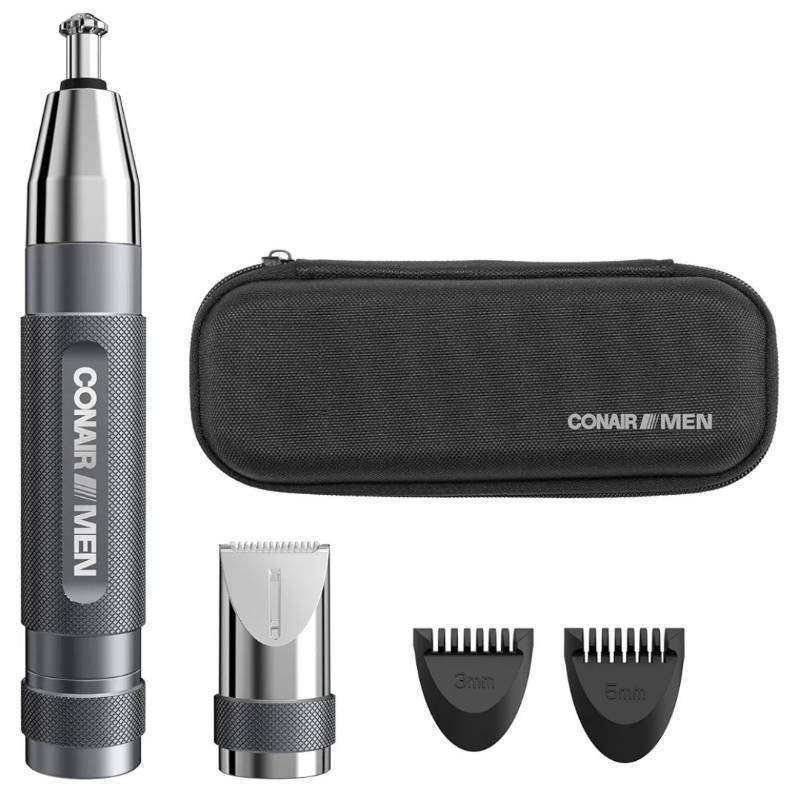 lot 36905 image: Conair Men Ear, Nose and Eyebrow Trimmer, Patented 360° Bevel Blade for No Pulls, Nicks or Cuts Guaranteed, Nose Hair Trimmer for Men, Non-Slip Grip, 5-Piece Kit with Travel Case. - Retail $37