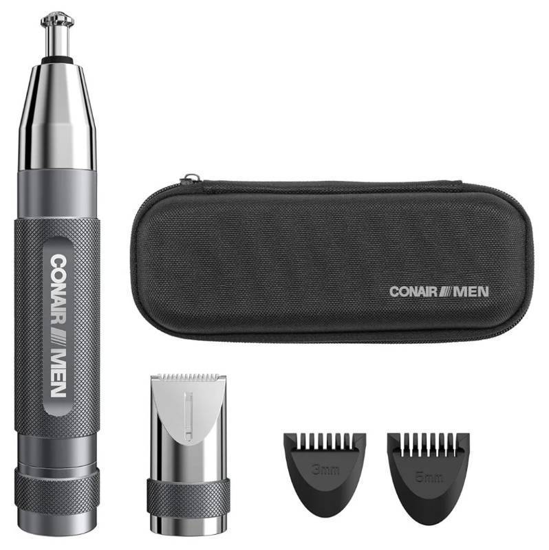 lot 36913 image: Conair Men Ear, Nose and Eyebrow Trimmer, Patented 360° Bevel Blade for No Pulls, Nicks or Cuts Guaranteed, Nose Hair Trimmer for Men, Non-Slip Grip, 5-Piece Kit with Travel Case - Retail $37