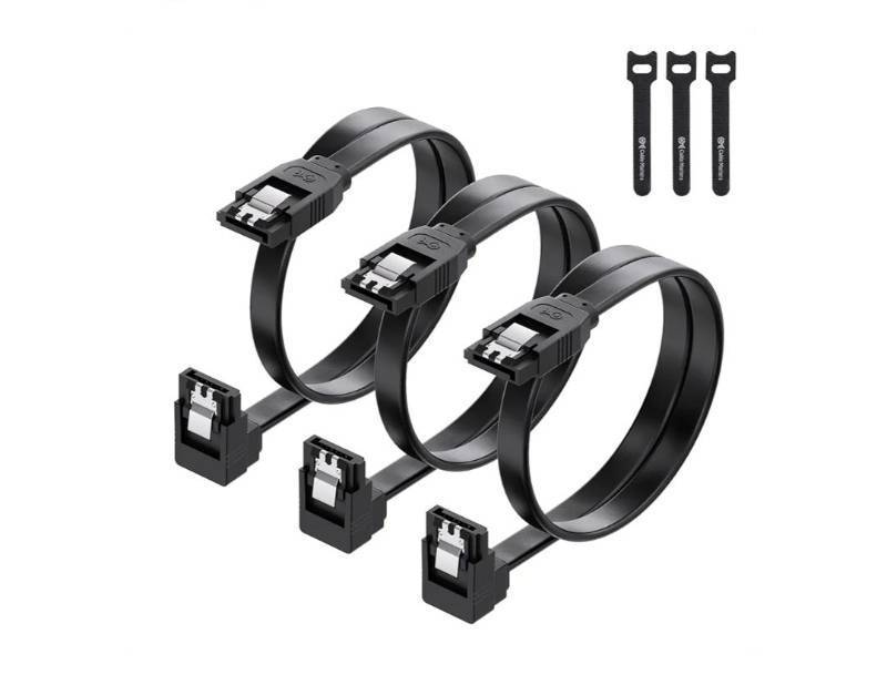 lot 36925 image: Cable Matters 3-Pack 90 Degree SATA Cable - 18 Inch, SATA III 6Gbps Right Angle Data Cable for SSD, HDD, CDDVD Drives, Hard Drive, Optical Drive, Gaming PC, Desktop, Motherboard, Black - Retail $6