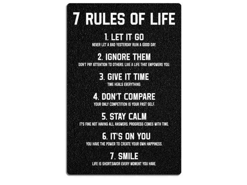lot 36952 image: 7 Rules of Life Metal poster Inspirational Tin Sign for Teen Bedroom Decor Home Office Bedroom Classroom Cafes Motivational Wall Decor 8x12 Inch - Retail $10