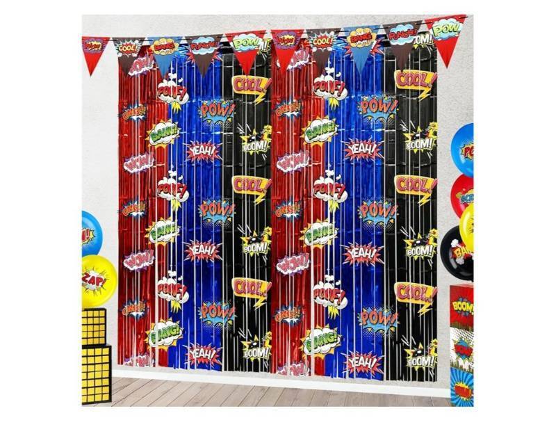 lot 36964 image: Hero Foil Fringe Curtains Backdrop Birthday Party Decorations, 2 Pack 3.28 x 6.56 Ft Red Blue Black Foil Fringe Curtain Tinsel Streamer Photo Booth Props Hero Birthday Party Supplies Favors - Retail $13