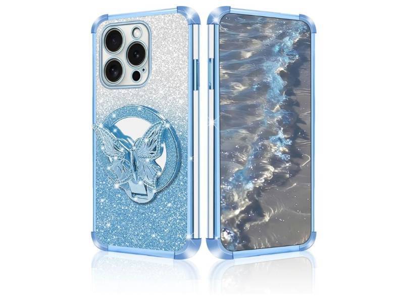 lot 36967 image: iPhone 15 Pro Case, Glitter Bling Blue with Butterfly Kickstand, Shockproof Protective TPU Phone Case for Women Girls - Retail $12