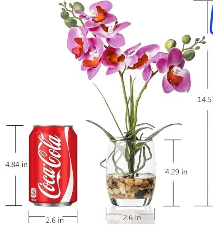 lot 45983 image: Artificial Purple Orchid in Glass Vase, Realistic Phalaenopsis Arrangement with Potting for Home Office Table Decor, 14.5 Inch Flower Centerpiece - Retail $19