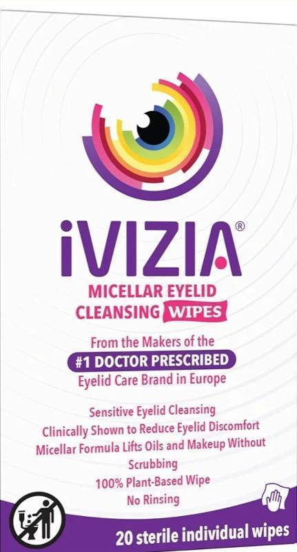 lot 46002 image: Eyelid Cleansing Wipes for Sensitive Eyelid Cleansing, Preservative-Free, Micellar, No Rinse, Gentle Eye Makeup Remover, 20 Sterile Single-Use Wipes for Eyelids Packaging May Vary - Retail $18