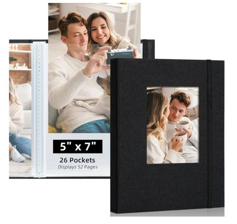 lot 46067 image: 5x7 Photo Album, Slip In Fabric Cover Scrapbook with Front Window, Holds 52 Photos (26 Pockets), for Baby, Wedding, Travel, Black - Retail $7