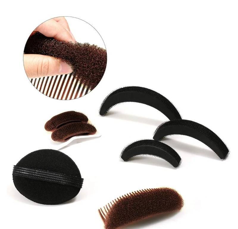 lot 46069 image: 9 Pieces Hair Bump Sponge Volume Hair Bases Set Bump It Accessory for Volume Insert Styling Tools up Combs Clips Sponge Bun Updo Accessories for Women DIY Hairstyles(Black, Brown) - Retail $12